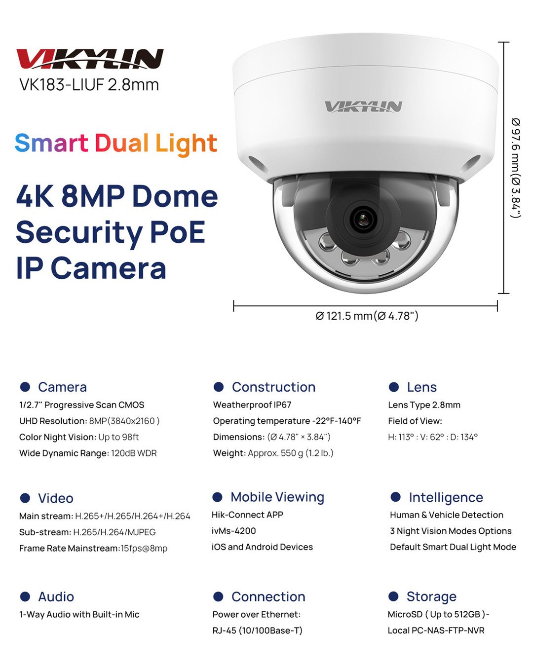 IDOME ID-DO8028POE 4K 8MP IP POE Security Camera – Night Vision, Mic, IP67 Outdoor